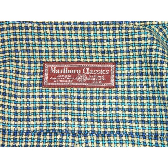 Marlboro Classics Men's Check Long Sleeve Shirt Blue 100% Wool Cowboy Size Large - Picture 11 of 12